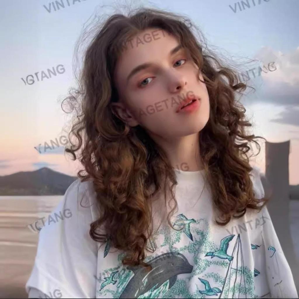 American Retro Dolphin Print Oversized Cotton T-shirt - Women's Trendy Straight Shoulder Short Sleeve