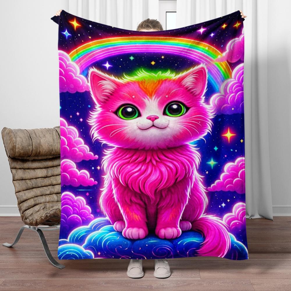 Cute Pink Cat Rainbow Galaxy Blanket Flannel Soft Throw Blanket for Kids Room Decor Dreamy Pet Animal Design Cozy Bed Covering