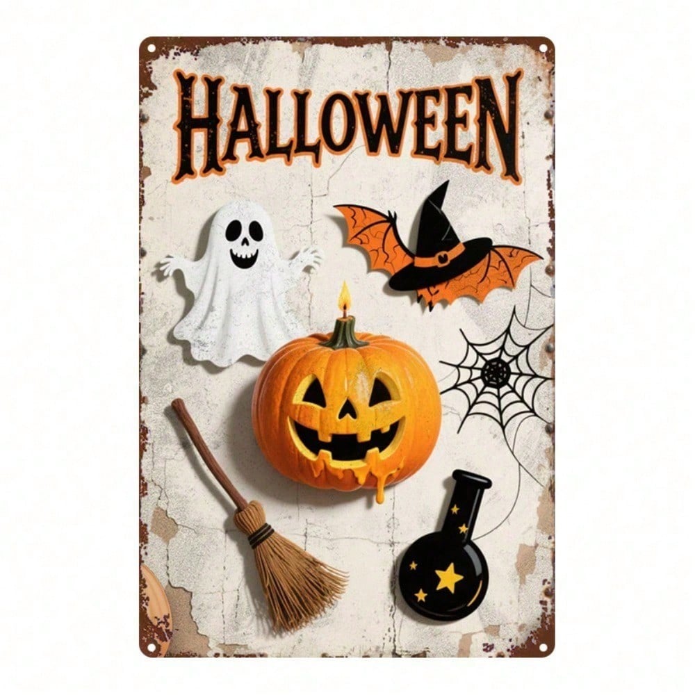 1pc Halloween Metal Sign 8x12in Pumpkin Ghost Broom Vintage Wall Decor for Home Office Gym Bedroom