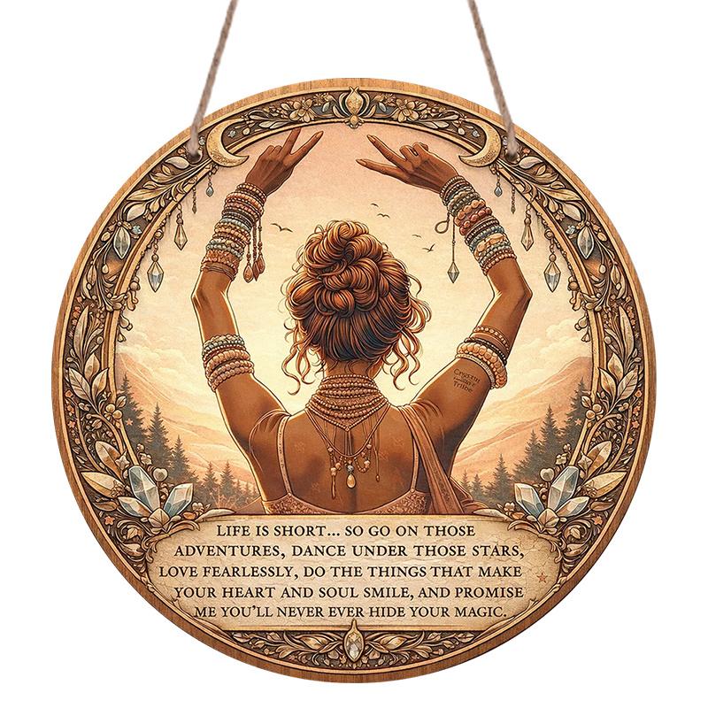 2D Flach, 1 Stück Rundes Aluminium-Hängeschild, Vintage-Plakette mit „Inspirierenden Zitaten und Bohemian Female Empowerment“, Mystische Spirituelle Energie