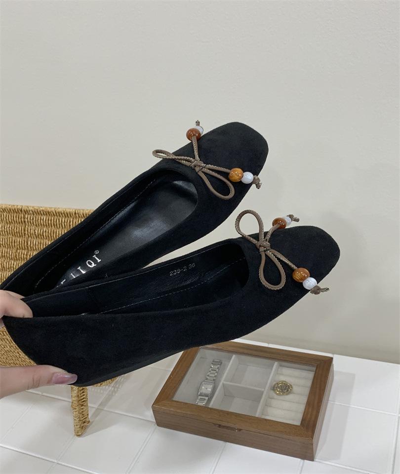 Korean version of square head soft leather soft bottom flat sole single shoes temperament fashion bow one pedal grandma shoes 2025 autumn new