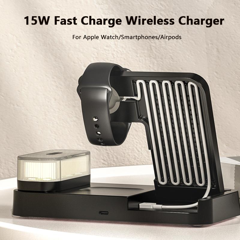 15W Fast Charging Wireless Charger Support Charge Apple Watch With RGB Night Light Time Alock Function For Apple Airpods Watch Iphone 15promax
