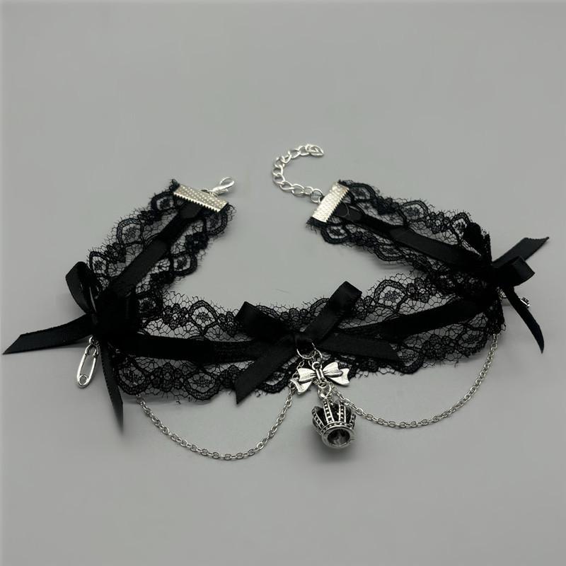 Sexy Lace Bow Necklace for Women Gothic Punk Velvet Collar Choker Vintage Crown Pendent Necklace Strap Bow Cute Jewelry