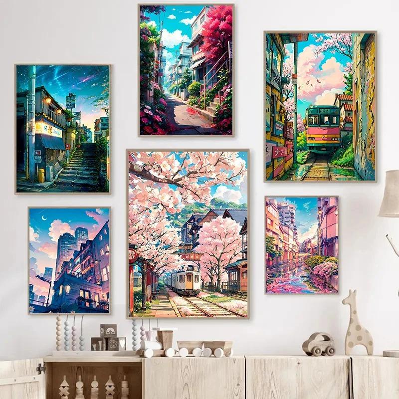 Japanese Street Scenery Cherry Blossom Architecture Canvas Poster Flowers Plants Landscape Wall Art Prints for Modern Home Decor