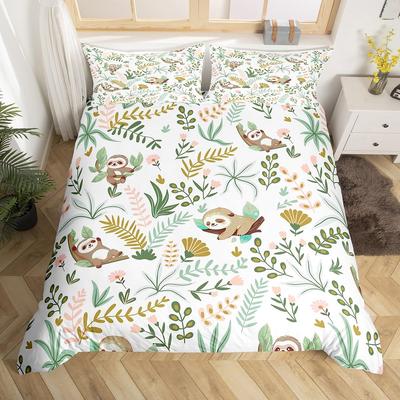 Funda Nórdica Perezoso Kawaii Individual King para Niños Adolescentes Estampado Animales Salvajes Funda de Edredón Blanca Set de Ropa de Cama Boho Floral Dibujos Animados Plantas