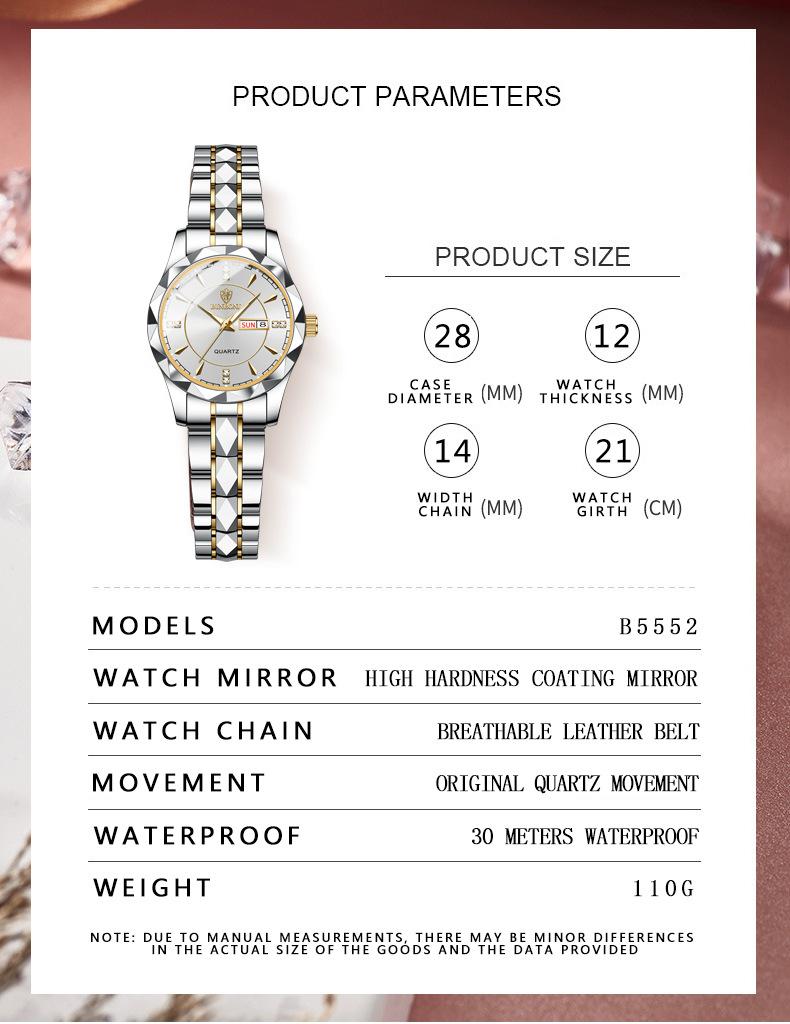Brand 5552 Luxury Women Quartz Watch Waterproof Night Light Dual Calendar Fashionable Sports Women's Quartz Watch Clock