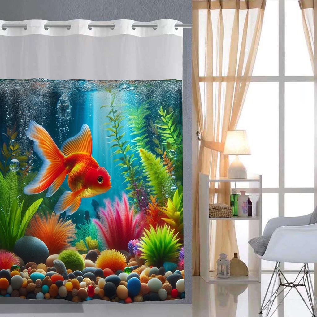 No Hook Lotus Fishes Pattern Shower Curtain With Snap-in Fabric Liner, Sheer Top Window, Waterproof Double Layer Bathtub Curtain