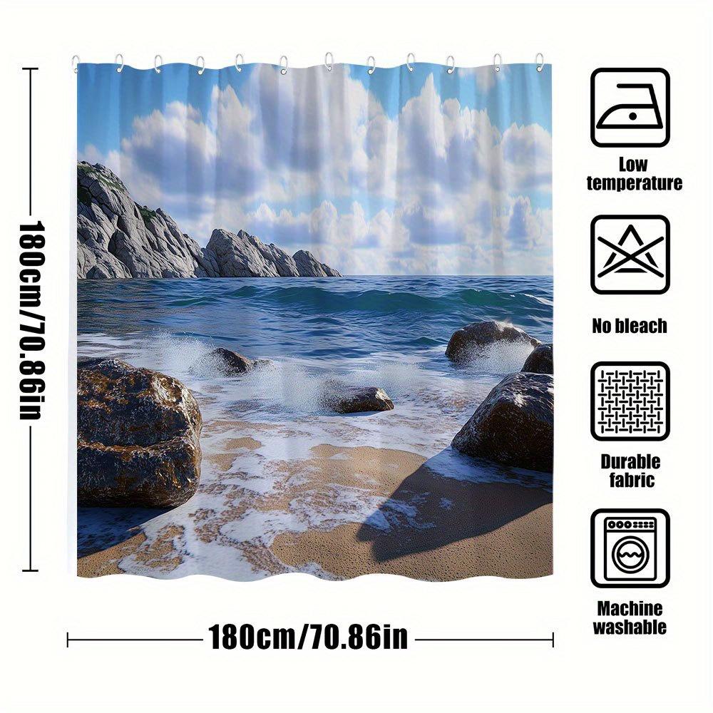 1Pc Extra Large Coastal Shower Curtain - Ocean Seascape Design With Rocks, Waves, Sand & Cliffs - Machine Washable Bathroom Deco
