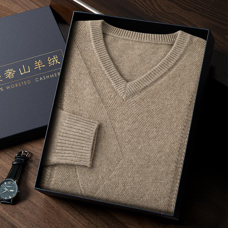 Men's Thickened V-neck Cashmere Sweater - Business Casual Autumn/Winter Jumper