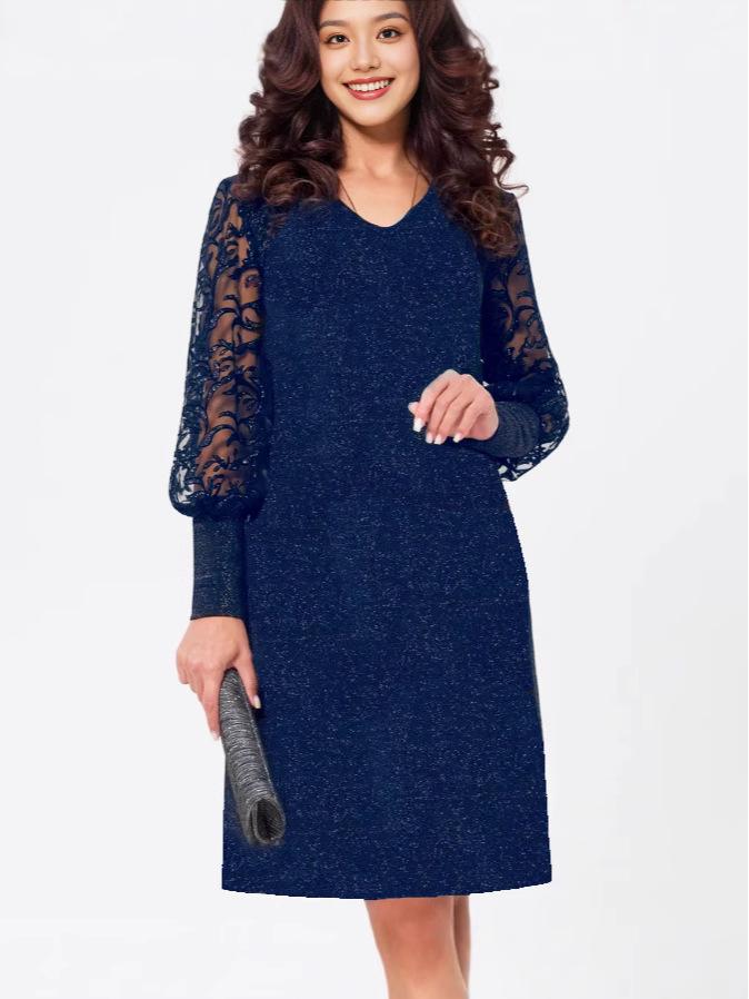 Elegant Silver-Pink Mesh Patchwork Long-Sleeve Dress