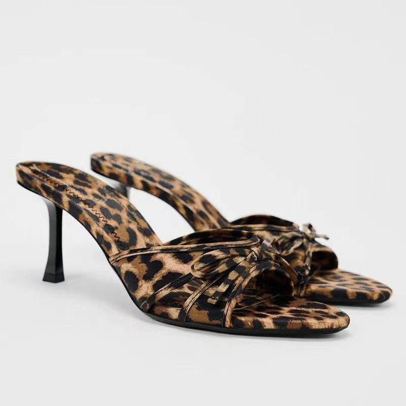 Fashion Luxury Womens High Heels High Quality Womens Slippers Bow Tie Leopard Print Sandals Mesh Pointed Toe Women Shoes Summer 2025 New