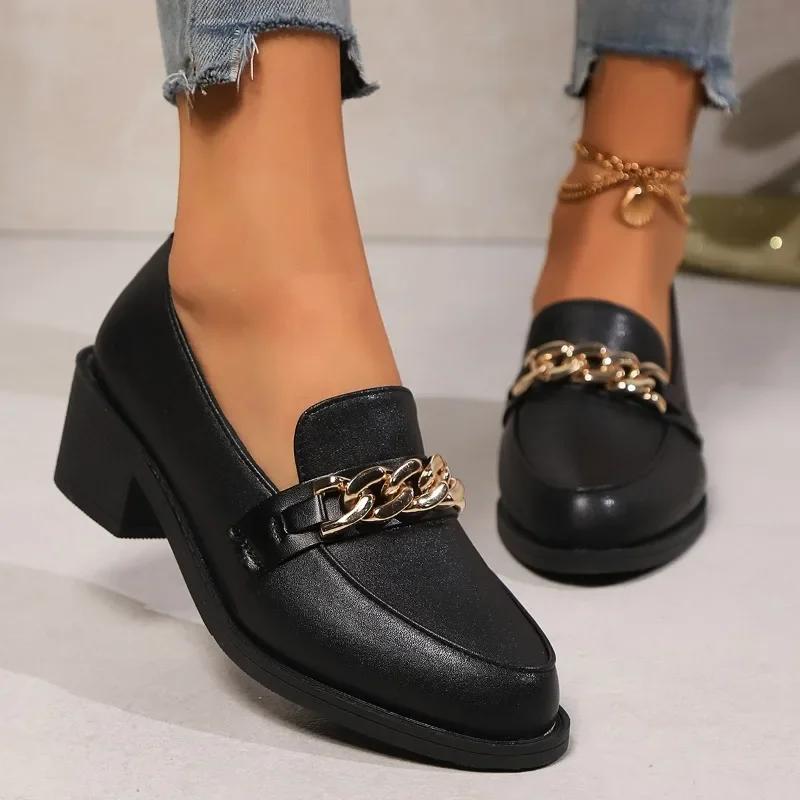 Fashion Female Shoes On Sale 2024 High Quality Slip On Women's Pumps Autumn Pointed Toe Chain Solid Dress Chunky Heels Plus Size Shoes