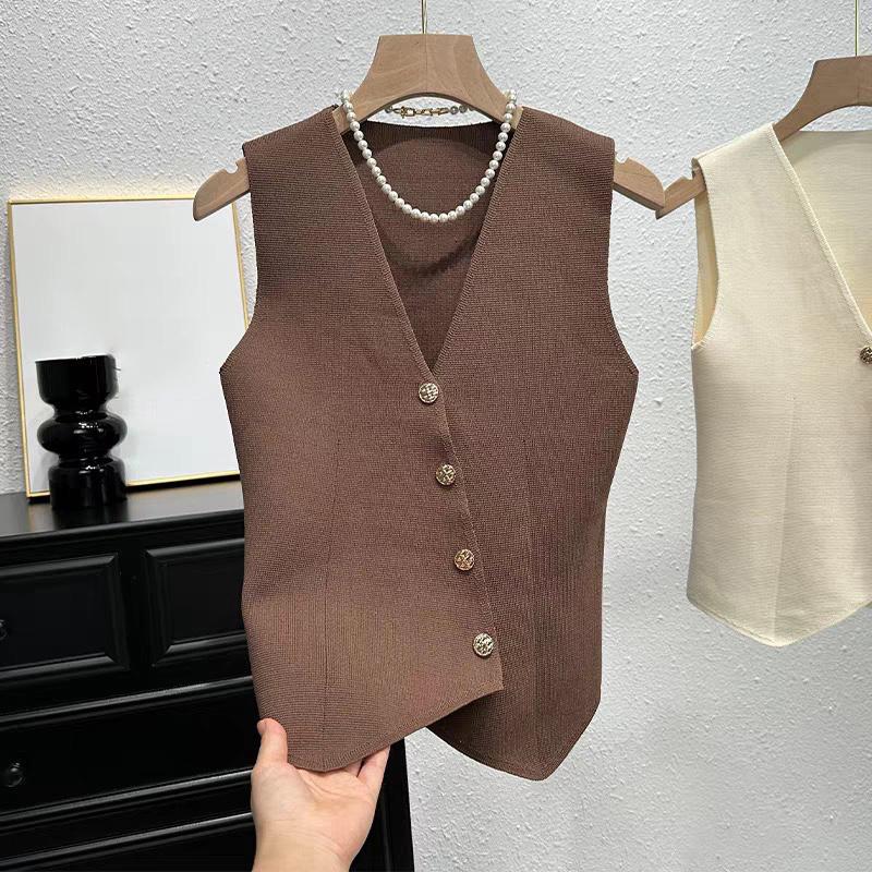 Summer French Retro Irregular Single-Breasted V-Neck Sleeveless Slim Knitted Vest For Women