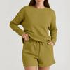 Women's Solid Color Textured Casual Set Long Sleeve Shorts Drawstring Two-Piece Set