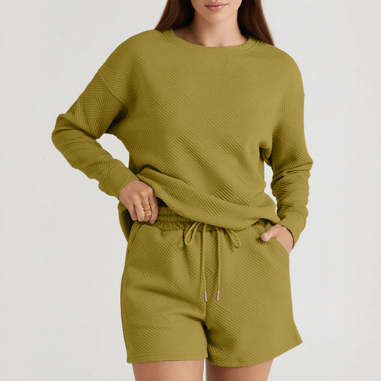 

Women s Solid Color Textured Casual Set Long Sleeve Shorts Drawstring Two-Piece Set XS