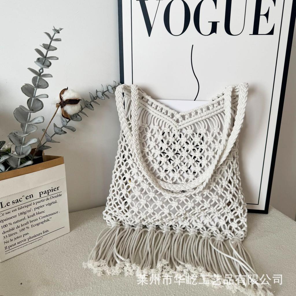 2025 New Hollow Cotton Rope Fringed Hand-woven Fashion Casual Cotton Thread Bag Single Shoulder Oblique Span Women's Bag Beach Bag