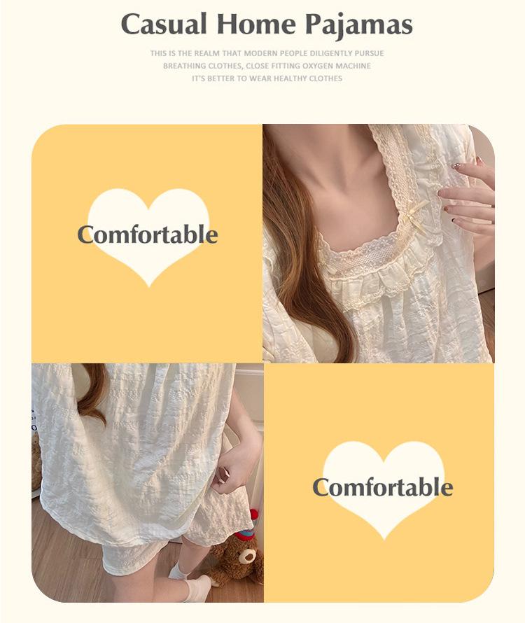 2026 Summer Women's Cotton Pajama Set with Built-in Bra, Lace Trim & Short Sleeves
