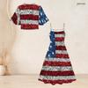 Women Plus Size Two Piece Set American Flag Printed Batwing Sleeve Cropped Shrug Strappy Flared Dress