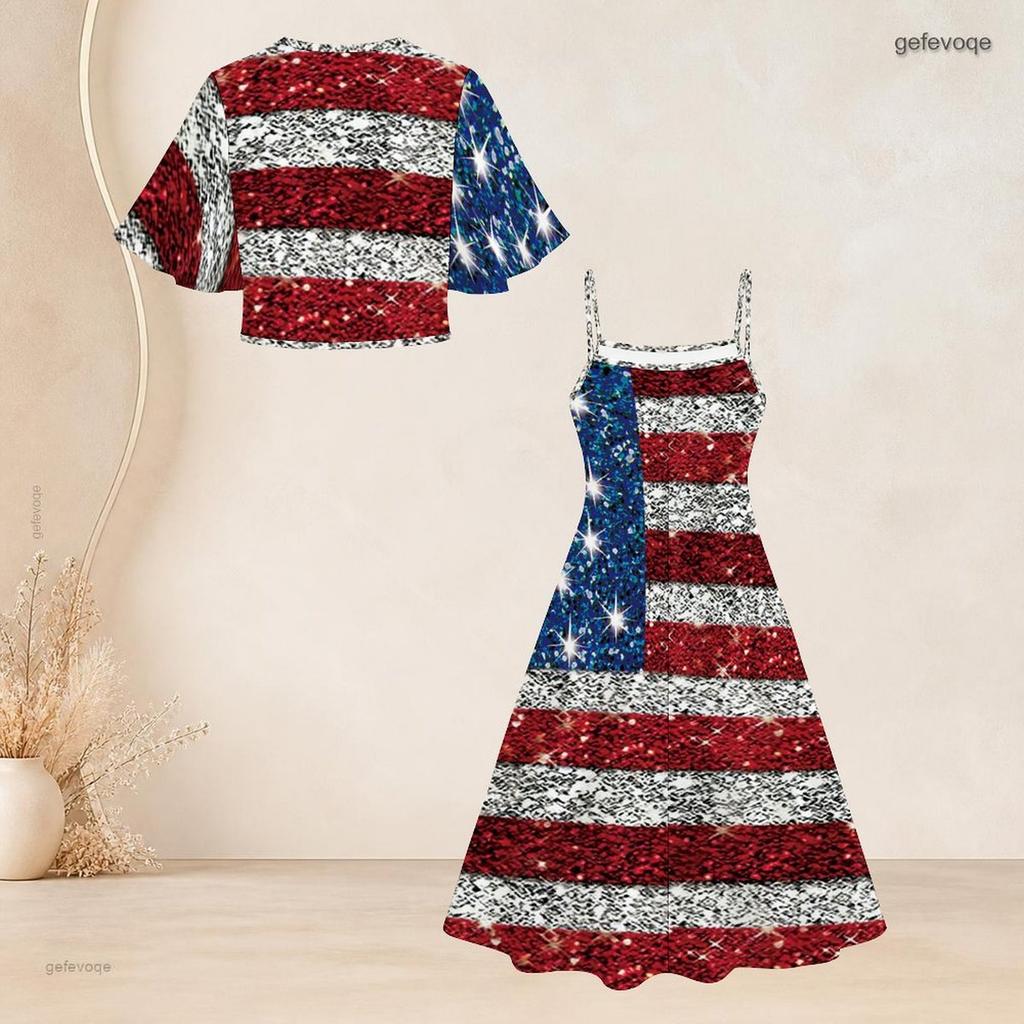 Women Plus Size Two Piece Set American Flag Printed Batwing Sleeve Cropped Shrug Strappy Flared Dress