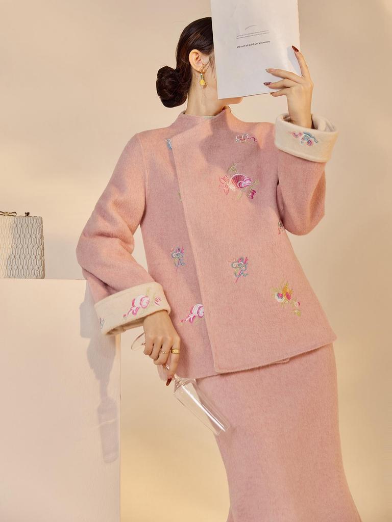 New Chinese Embroidered Wool Coat & Skirt Set - Women's NY027