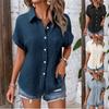 Women Casual Cotton Blouse Vintage Summer Short Sleeve Slim Shirt Elegant Turn Down Collar Solid Tunics Harajuku Streetwear Tops