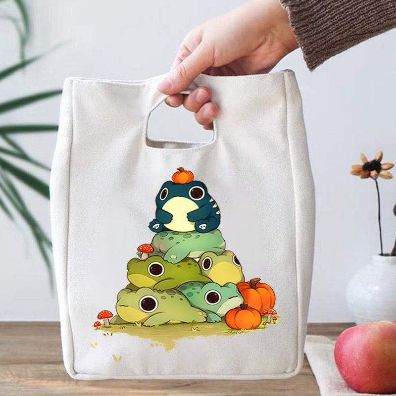

Children School Lunch Bags Kawaii Cute Frog Pattern Portable Bento Bags Flower Frog Trendy Teenager Canvas Lunch Box Storage Bag