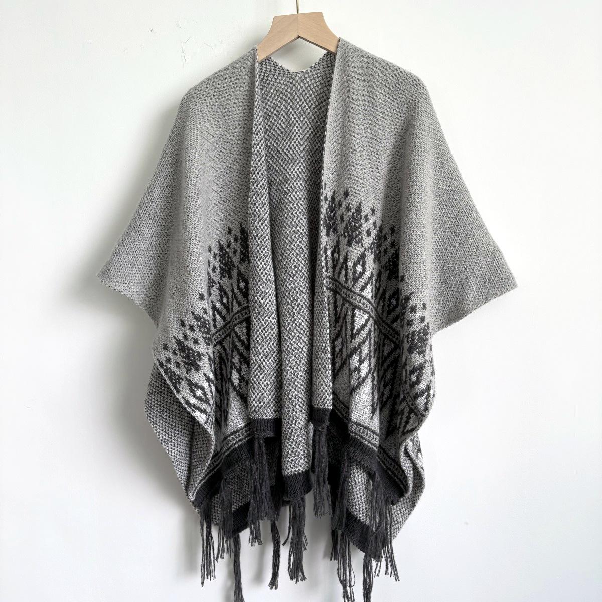 

Богемная накидка-кейп - Этнический стиль, Теплая осенне-зимняя шаль для женщин серый/бежевый