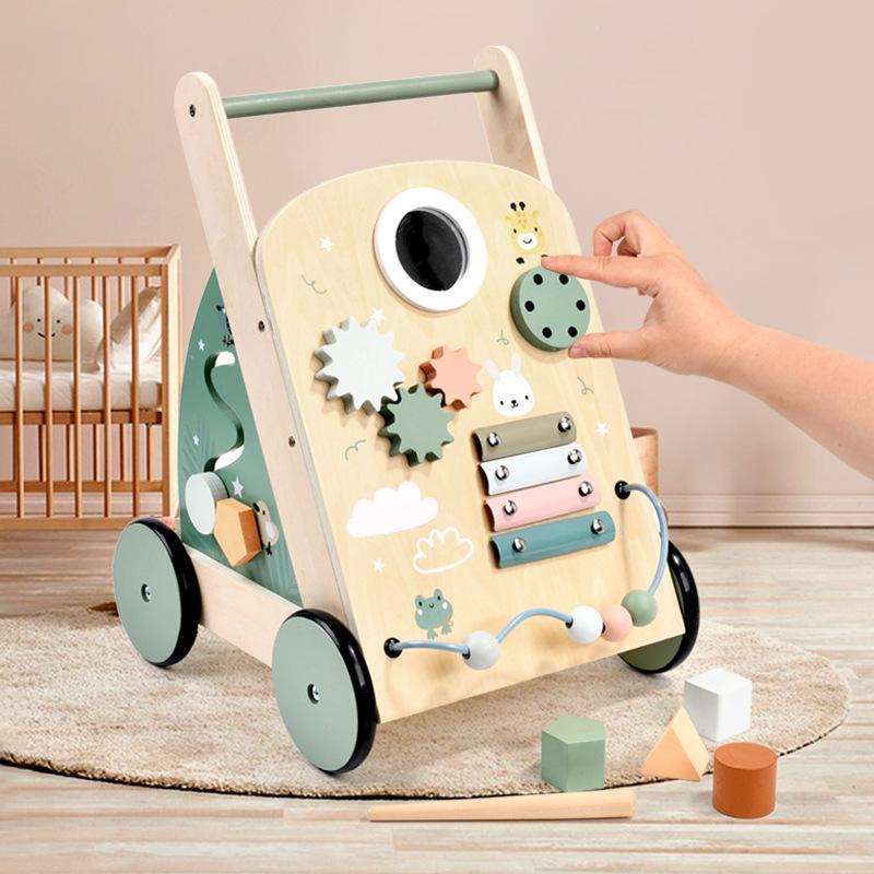 Ins Nordic Style Shopping Slidable Toddler Trolley Wooden Beads Percussion Gears Cognitive Playhouse Toys