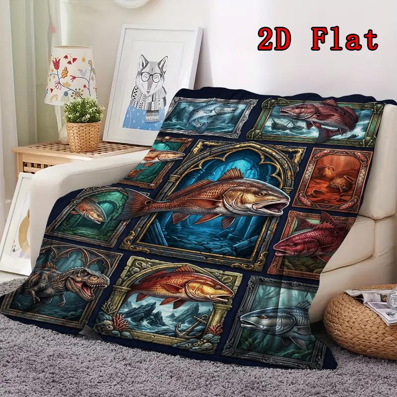 Fish Fantasies 2D Flat Pattern Flannel Blanket, High quality All Seasons, Home Decor, Warmth and Comfort, Perfect for Christmas Gifts.