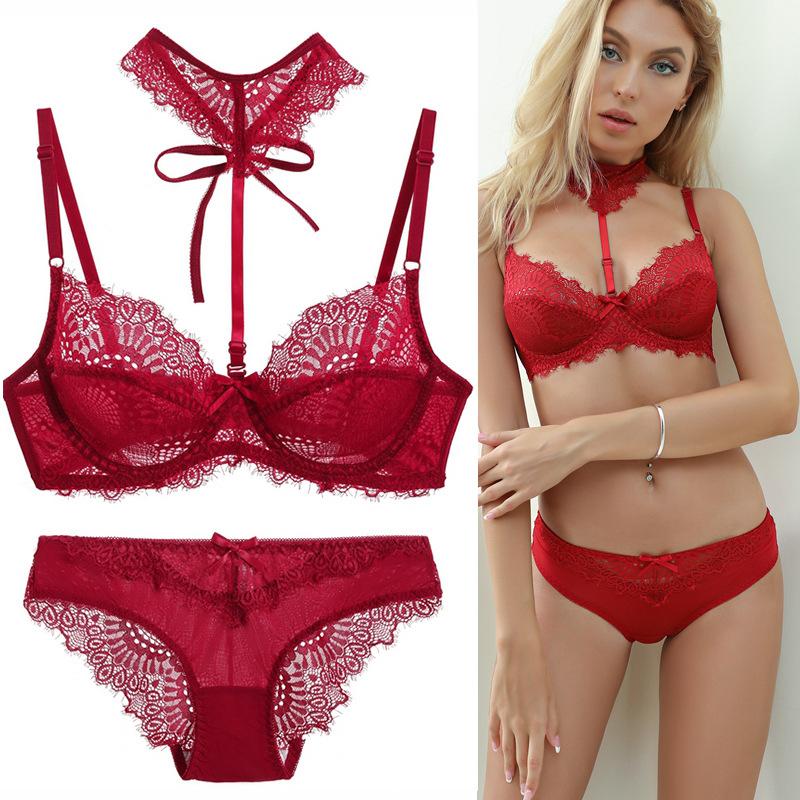French-style Ultra-thin Lace Sexy Women's Bra and Panty Set Push-up Bra To Make Large Breasts Appear Smaller Skin-friendly and Comfortable Panties