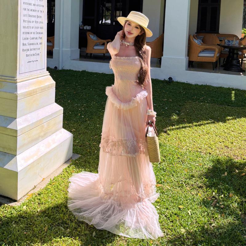 Premium Water Gloss Yarn Lace Jacquard Splicing Long Neck Gauze Skirt Temperament Dress Vacation Fairy Skirt