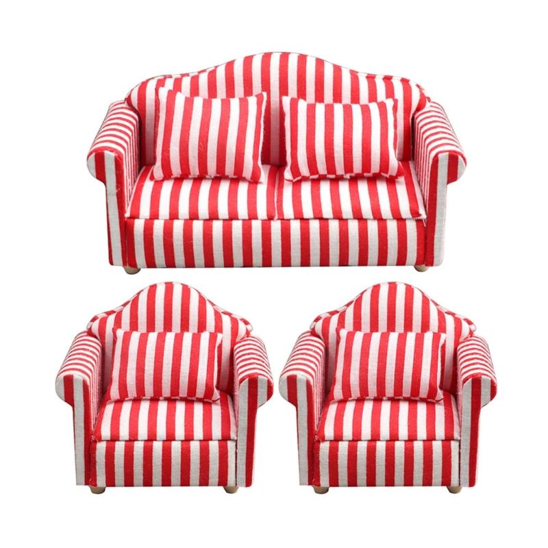 Fashion 1/12 Dollhouses Furniture Double Couch Armchair Figurine Set For Miniature Living Room and Bedroom Decoration
