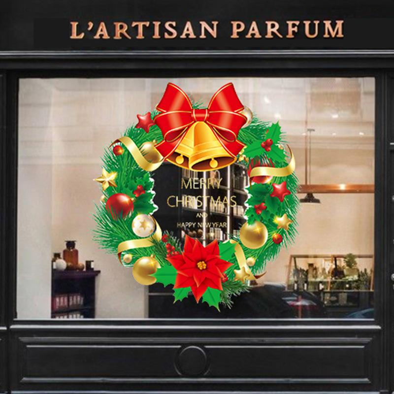 Window Display: Merry Christmas Snowflake Stickers Christmas Decorations Golden Christmas Wreath Electrostatic Stickers