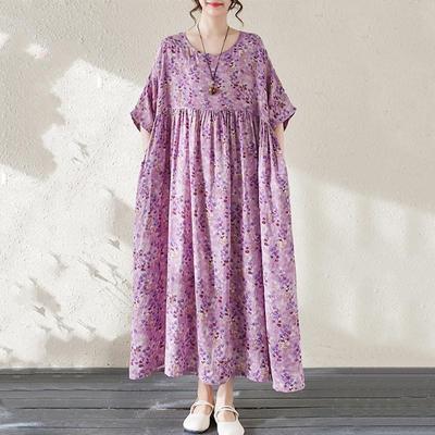 Short Sleeve Plus Size Cotton Vintage Floral New In Dresses for Women Casual Loose Long Summer