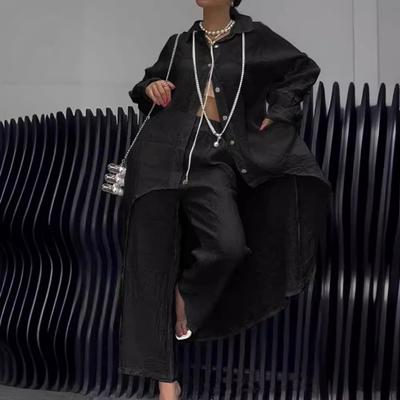 2 Pcs/Set Fall Spring Women Shirt Pants Set Long Sleeves Lapel Lace Cuff Button-down Irregular Hem Blouse Elastic Waist Trousers OL Commuting