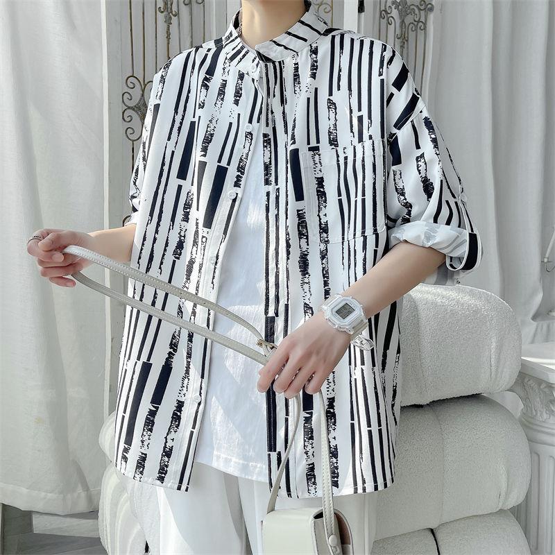 Ice Silk 7-quarter Sleeve Stand-up Collar Shirt Men Personality Fashionable Printed Loose Cardigan