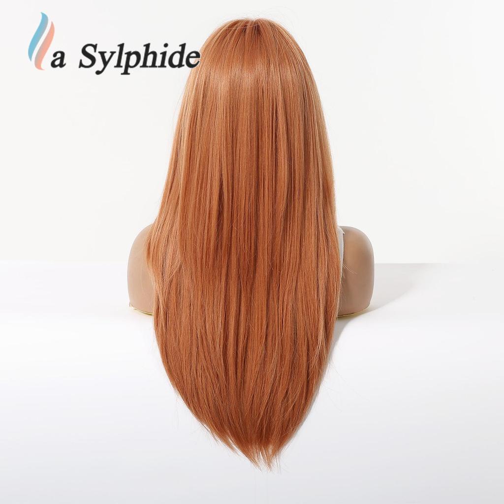 Women's Long Layered Curly Wig with Straight Bangs, Brown Highlights, Full Head Cover, Machine-Made with Chemical Fiber Rose Net, 2026 Hot Style.