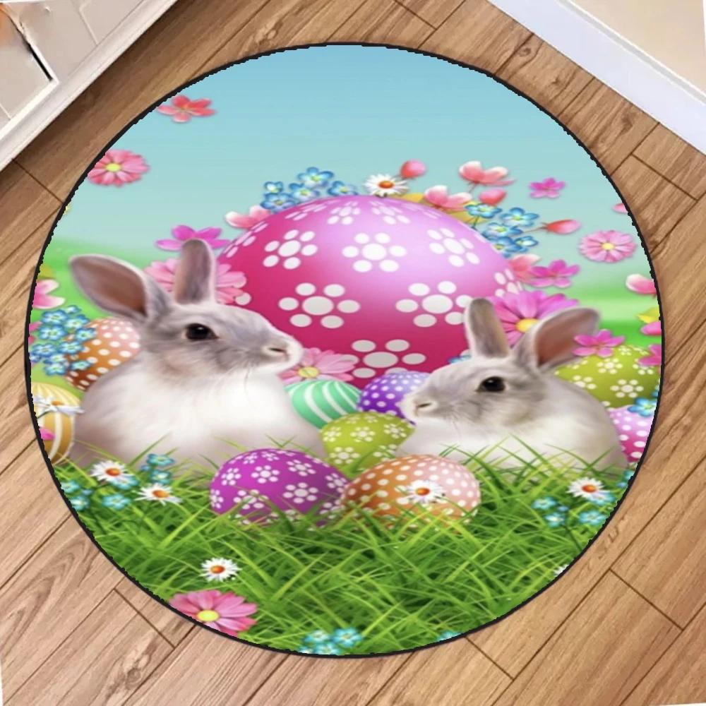 Happy Easter Round Rug with Rabbit Egg Design Stain Resistant Machine Carpet for Living Room Bedroom Laundry Festive Home Decor