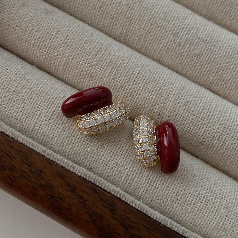 Enamel C-Letter Earrings Niche High-End Stud Earrings With Diamonds Drip Glaze Earrings Ankola Red Explosion