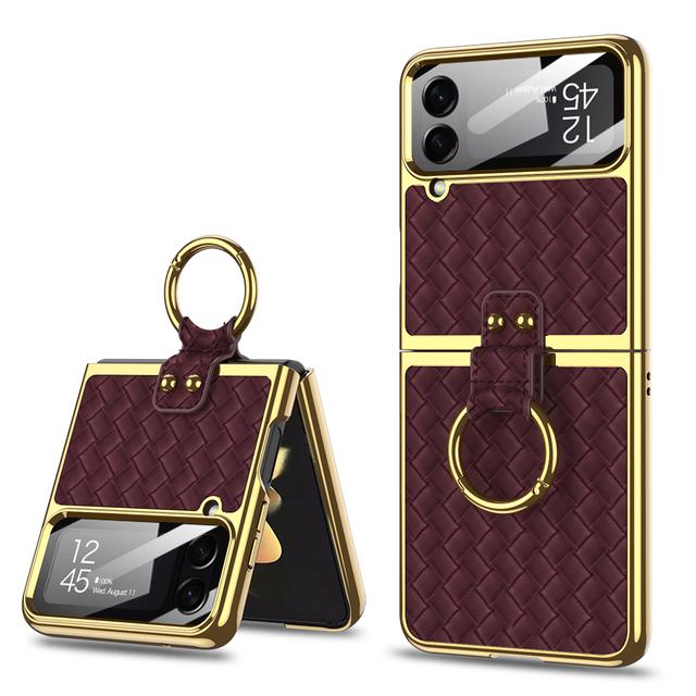 Ring Stand Capa For Samsung Galaxy Z Flip 4 5g Flip4 Case Plating Weave Textured Leather Lens Tempered Glass Plastic Pc Cover