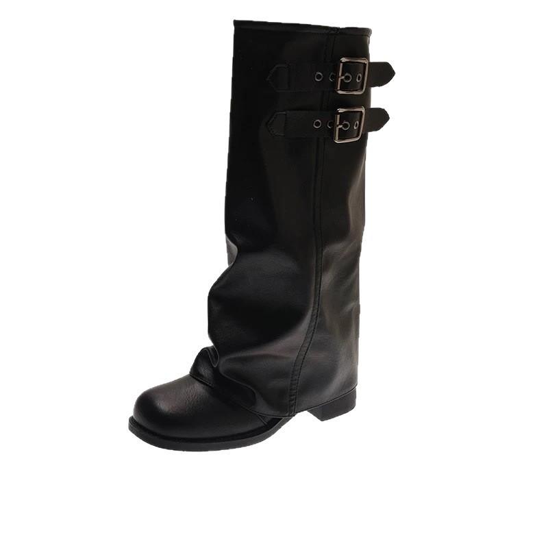 Retro belt buckle trouser boots women's new autumn thick heel pleated stack tall knight boots slim boots