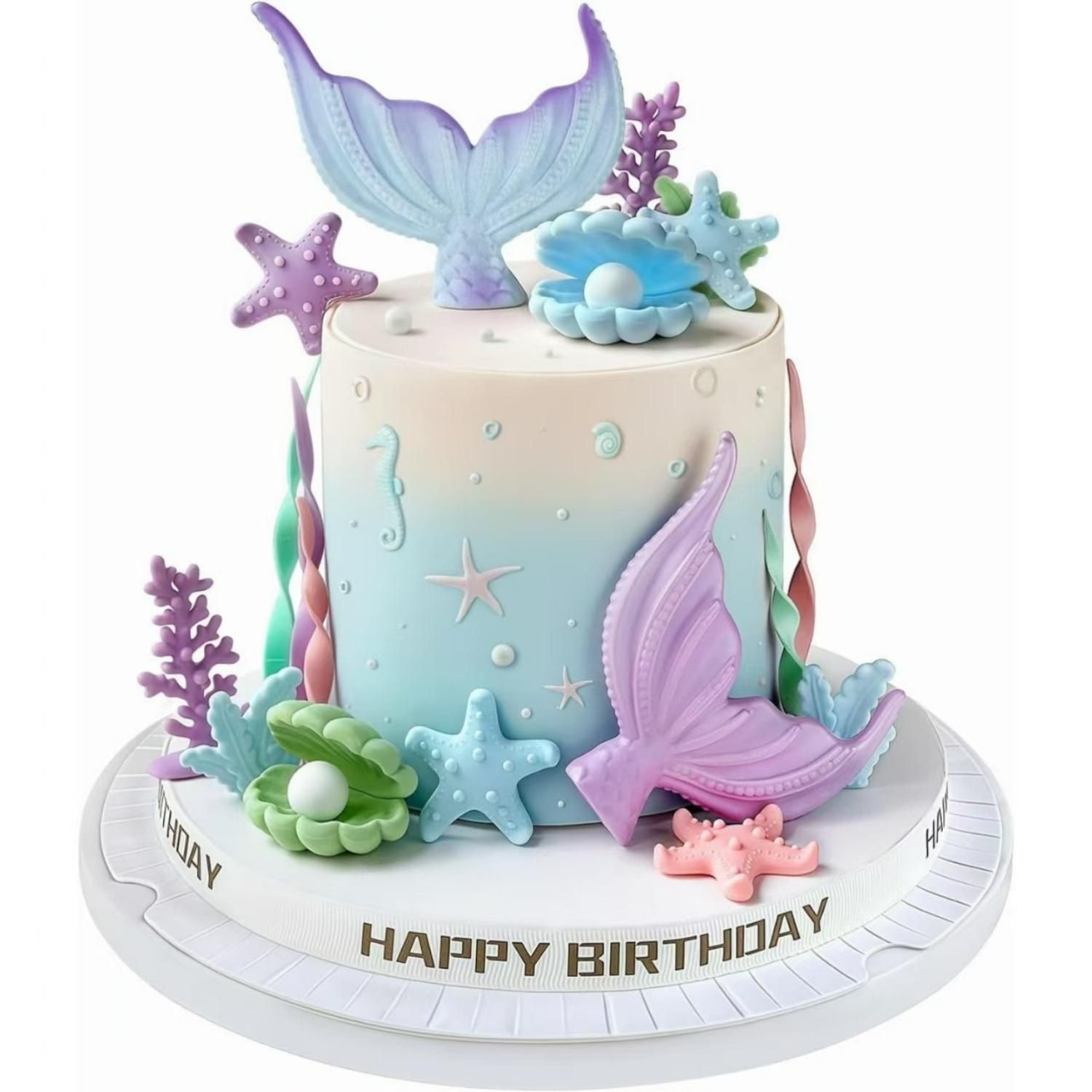 

Mermaid Cake Topper - Mermaid Tail Cake Decorations with Seaweed Shells Starfish Coralal Under the Sea Cake Decorations for Birthday Party Decorations синий