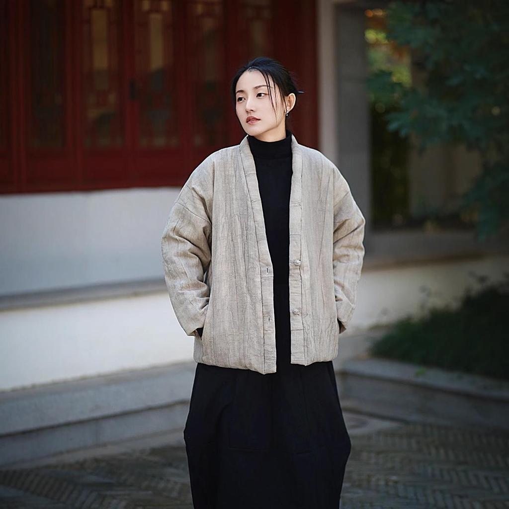 Vintage Chinese Tie-Dye Winter Cotton Coat with Buttons and Ramie Quilting