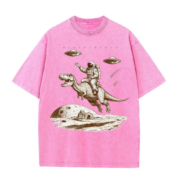 Cartoon Dinosaur Print 2026 Fashion Unisex Washed Distressed Vintage Tee Casual Loose Short Sleeve Top Summer Vacation Clothes