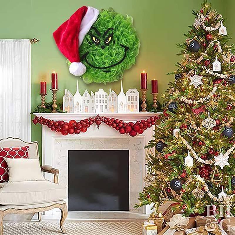 Grinch Green Plush Christmas Wreath Decorative Hanging Ornament For Festive Decor