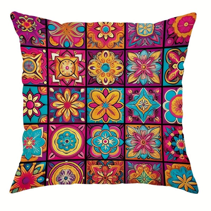 Mandala Flower Pattern Pillow Covers – Bohemian Vintage Design Soft Plush Cushion – For Sofa Living Room Bedroom Home Decor