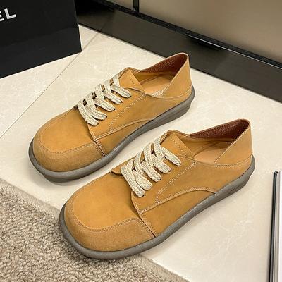 Comfortable Female Flats Round Toe Lace-Up Fashion Suede Leather Loafers Luxury Simple Style Daily Walking Driving Casual Shoes