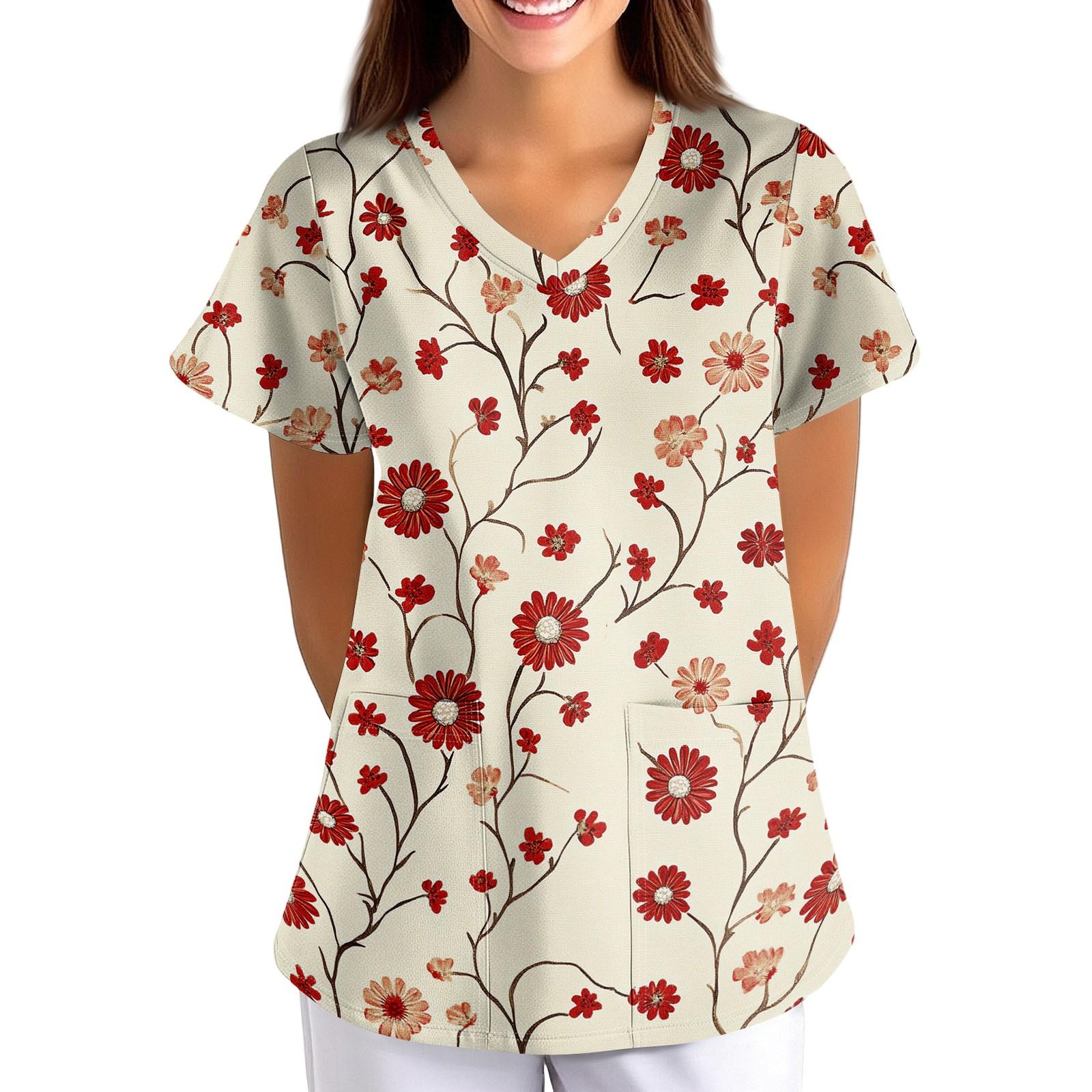 

Loose Fit V Neck Floral Print Short Sleeve Medical Scrub Top with Pockets for Healthcare Professionals Nursing Uniform Workwear XXXXL