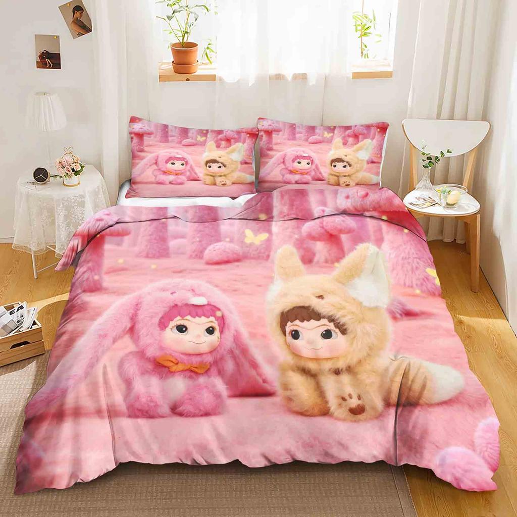 Wakuku 3D Children'S Couple Bed  Bedding Set Cute Printed Cartoon Quilt Cover  Polyester Duvet Set Twin King Size