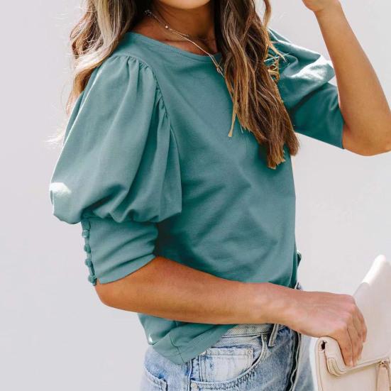 Women Top Round Neck Patchwork Lantern Sleeves Solid Color Loose OL